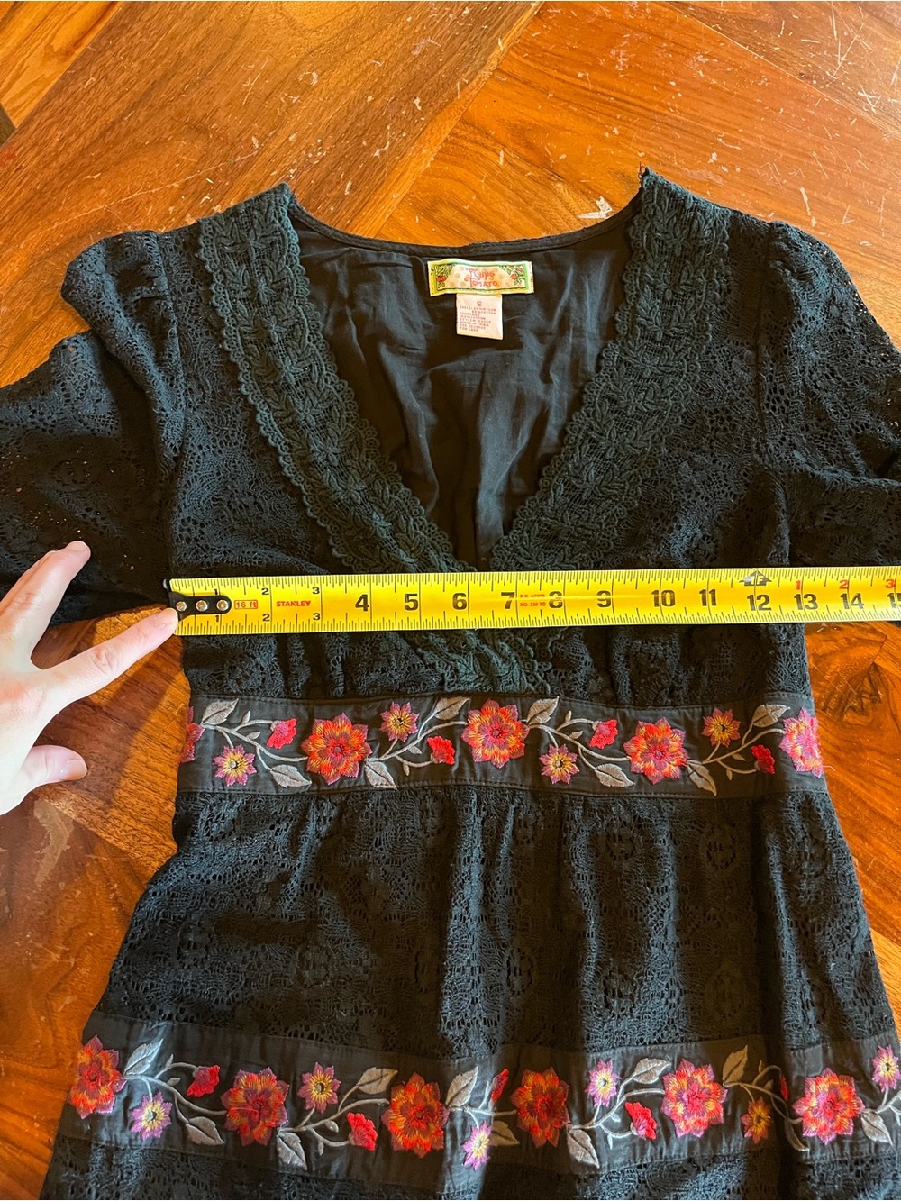 FLYING TOMATO - Boho Black Lace Mini Dress with Pink Floral Embroidery - Picture 3 of 10